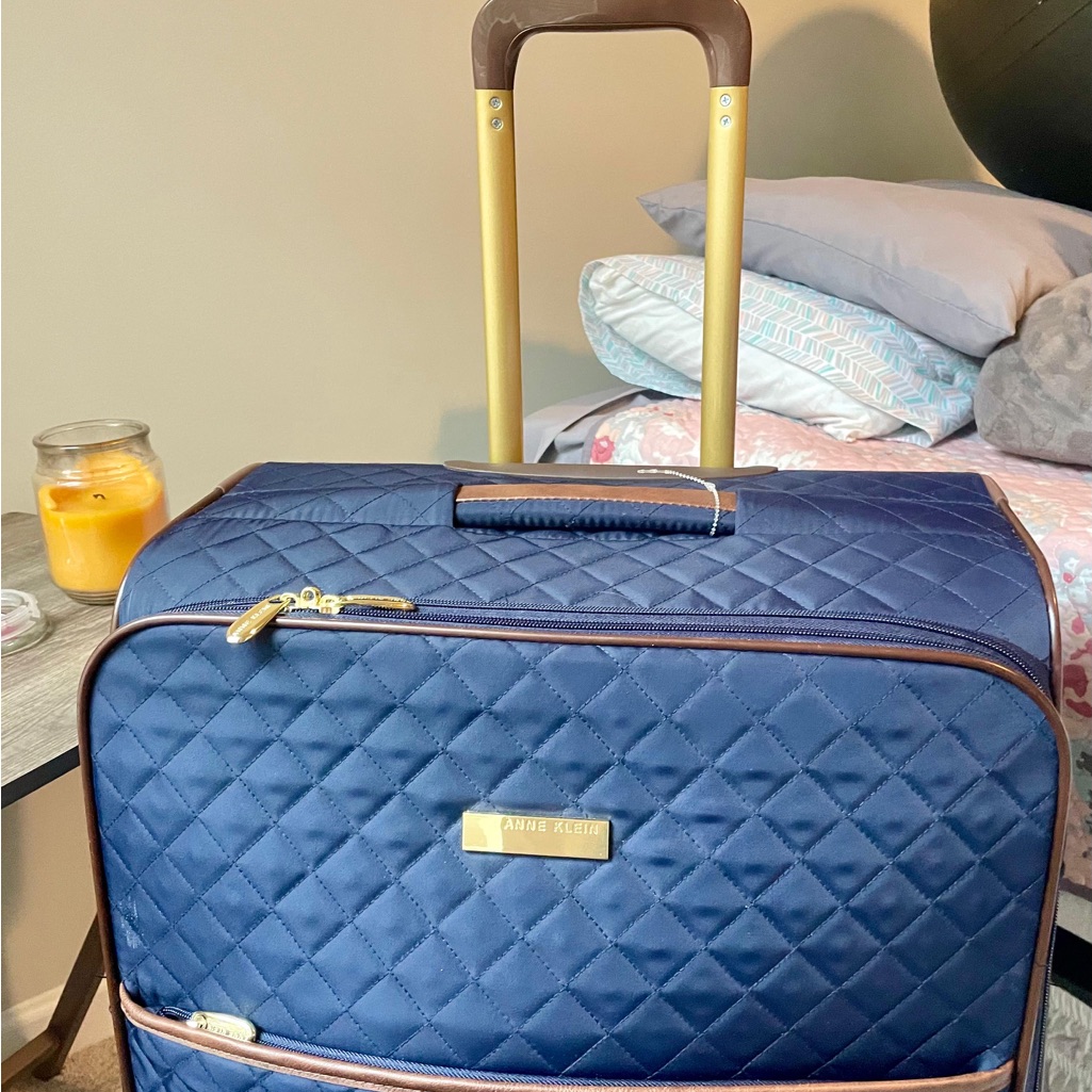 Anne Klein 29” Expandable Spinner Luggage, Blue Quilted Gold Accents